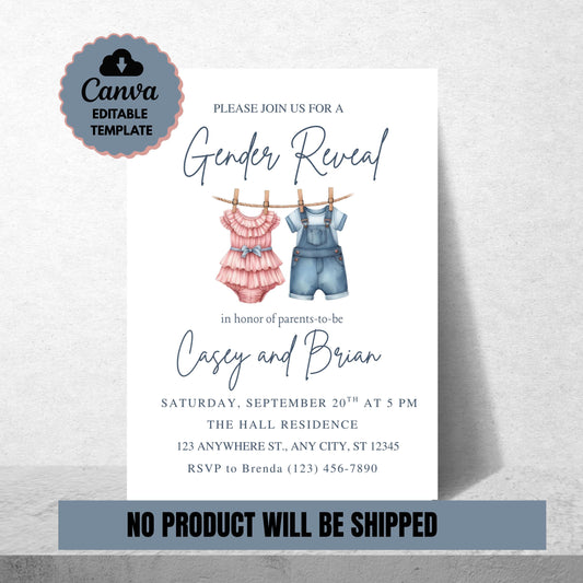 Gender Reveal Invitation Template for Gender Reveal Editable Download Boy or Girl Invite He or She Party Invitation