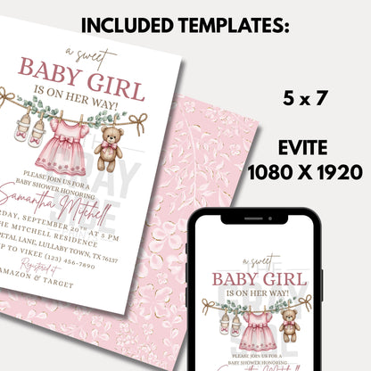 Boho Girl Baby Shower Invitation Boho Baby Invite Editable Instant Download Digital Invitation Girl Baby Shower Sweet Baby Girl Invite