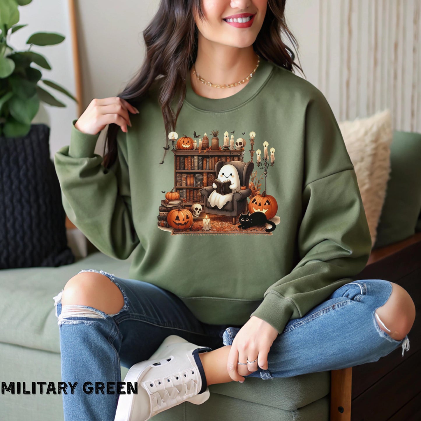 Cozy Halloween Ghost Sweatshirt Retro Ghost Reading Books Sweatshirt Librarian Ghost Halloween Halloween Teacher Sweatshirt Halloween Shirt