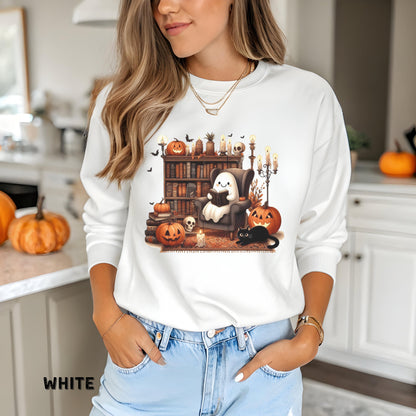 Cozy Halloween Ghost Sweatshirt Retro Ghost Reading Shirt Sweatshirt Cute Spooky Ghost Shirt Halloween Teacher Sweatshirt Halloween Shirt