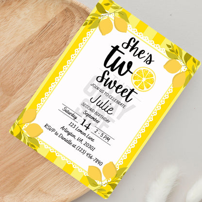 Two Sweet Lemon Birthday Invitation 2nd Birthday Party Invite for Girl Editable Citrus Theme Template Instant Download Lemonade Party