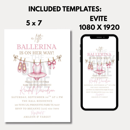 Girl Baby Shower Invitation Pink Baby Shower Invite Editable Girl Baby Shower Template Ballerina Invitation Digital Download Canva Template