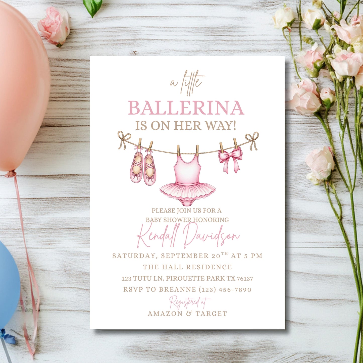 Girl Baby Shower Invitation Pink Baby Shower Invite Editable Girl Baby Shower Template Ballerina Invitation Digital Download Canva Template