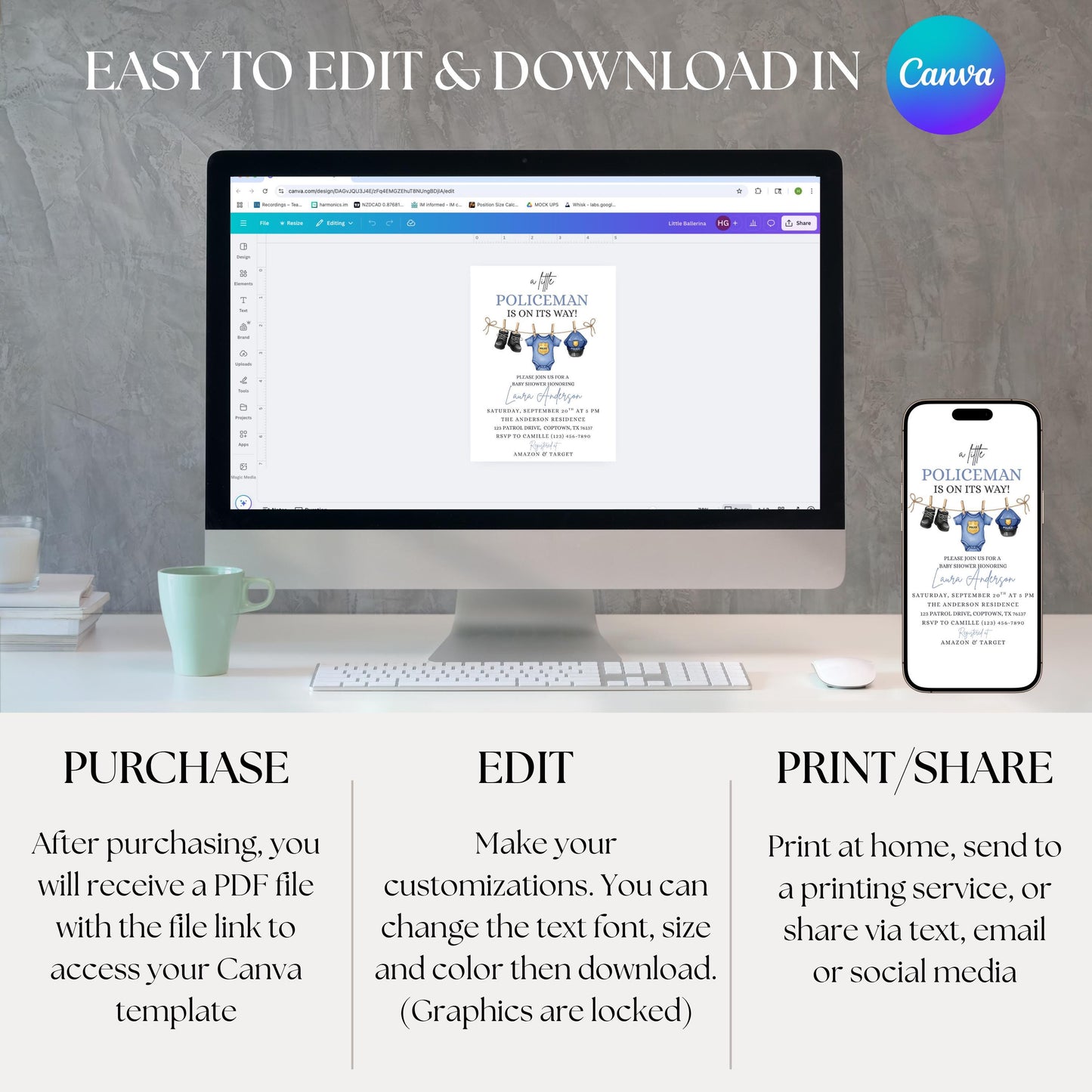 A Little Policeman Baby Shower Invitation Police Car Baby Shower Editable Police Officer Baby Invitation Gender Neutral Baby Shower Invite