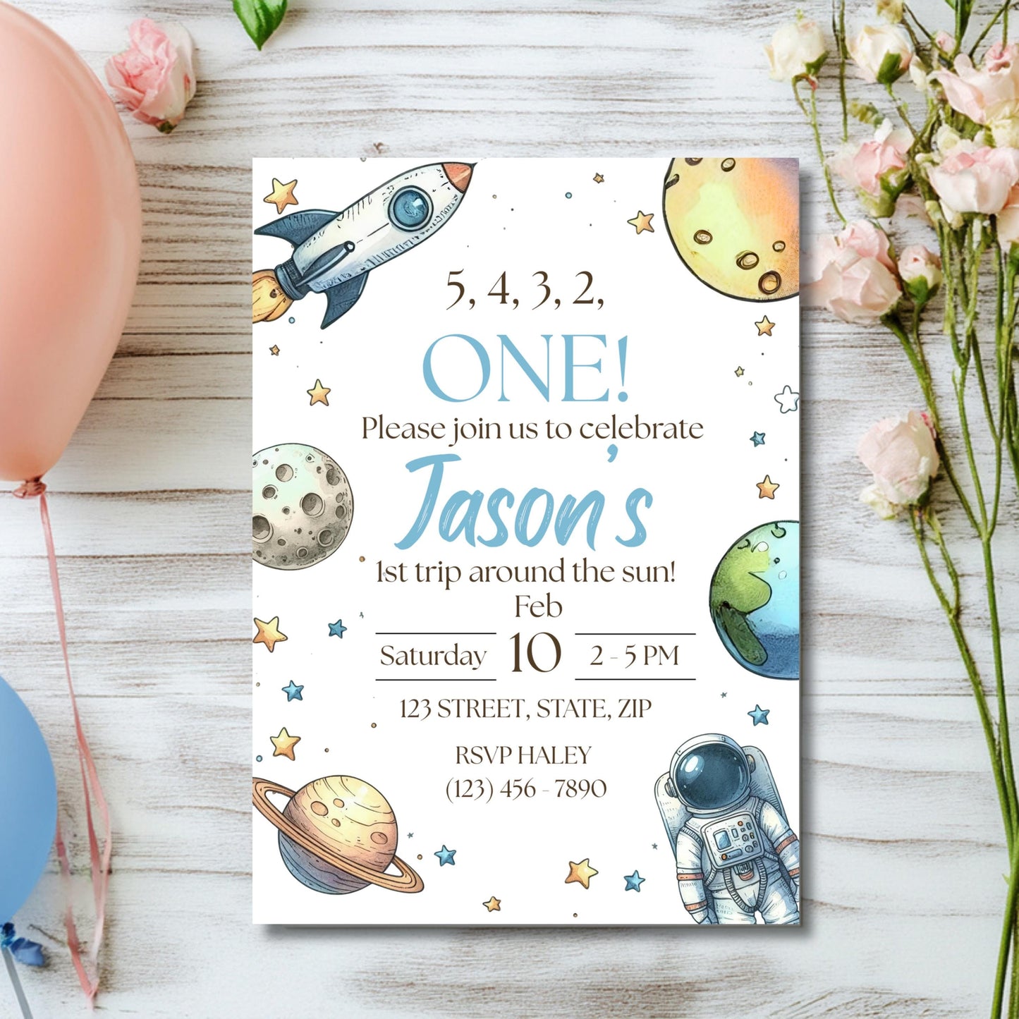 First Trip Around the Sun Birthday Invitation 1st Birthday Space Party Invite Editable Outer Space Template Instant Download Canva Template