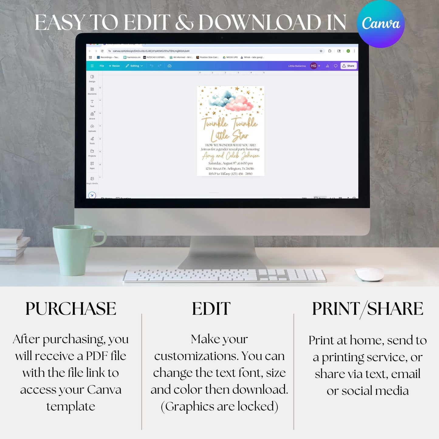 Twinkle Twinkle Little Star Gender Reveal Invitation Editable Gender Reveal Invite Boy or Girl Party Template Instant Download Printable