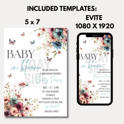 Baby in Bloom Baby Shower Invitation Floral Baby Shower Invite Blue Baby Shower Invite Canva Template Printable Invitation  Gender Neutral