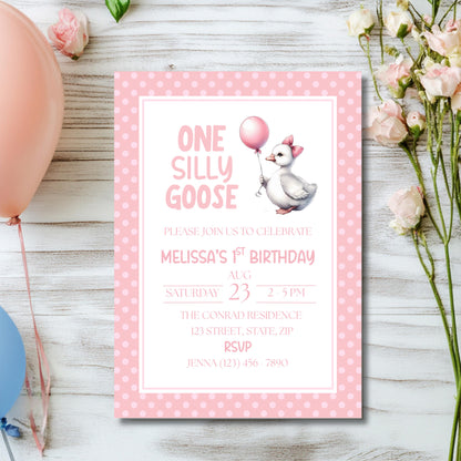 One Silly Goose Birthday Invitation 1st Birthday Party Invite Template  Editable Pink Goose Invite Canva Digital Download Printable Invite