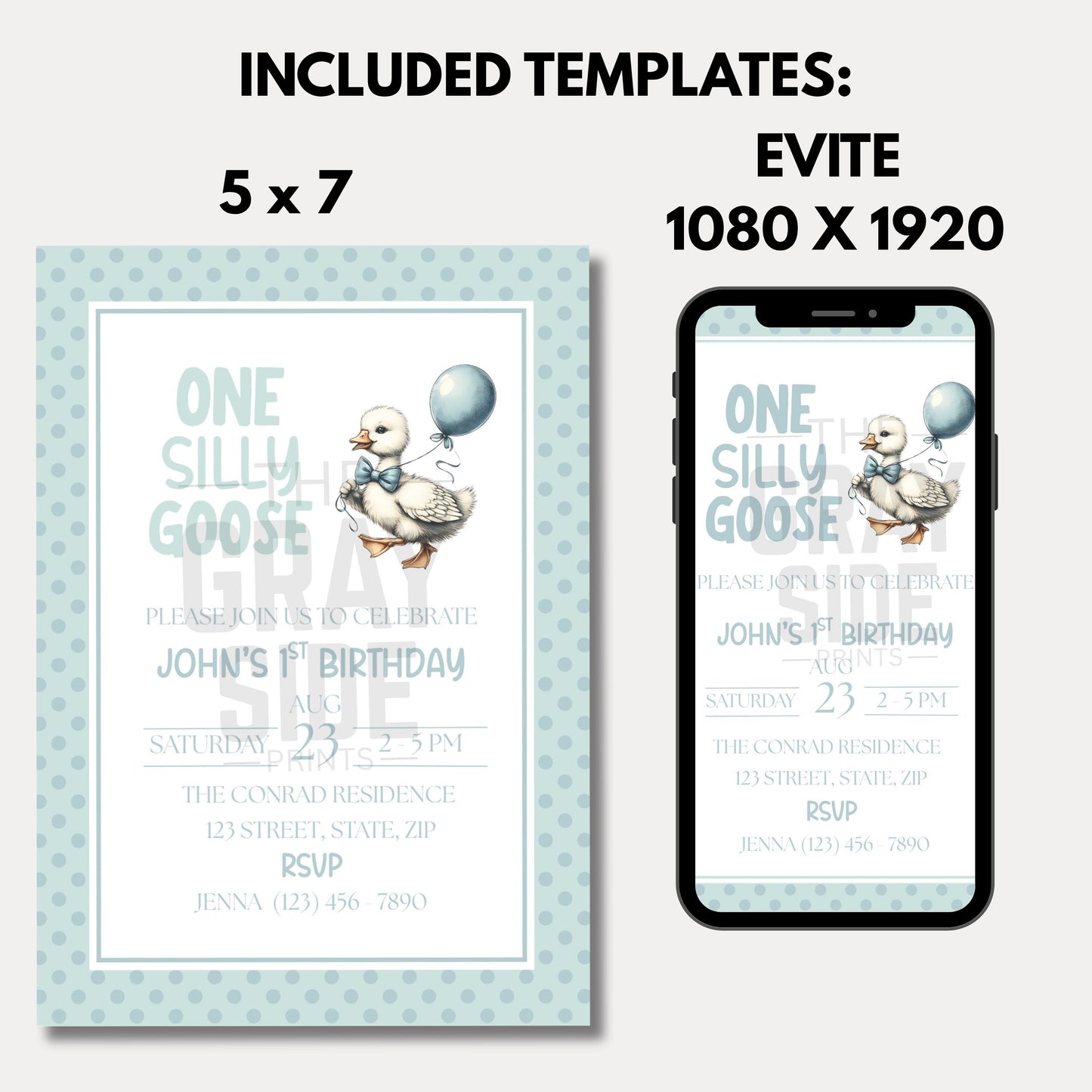 One Silly Goose Birthday Invitation 1st Birthday Party Invite Template Editable Blue Goose Invite Canva Digital Download Printable Invite