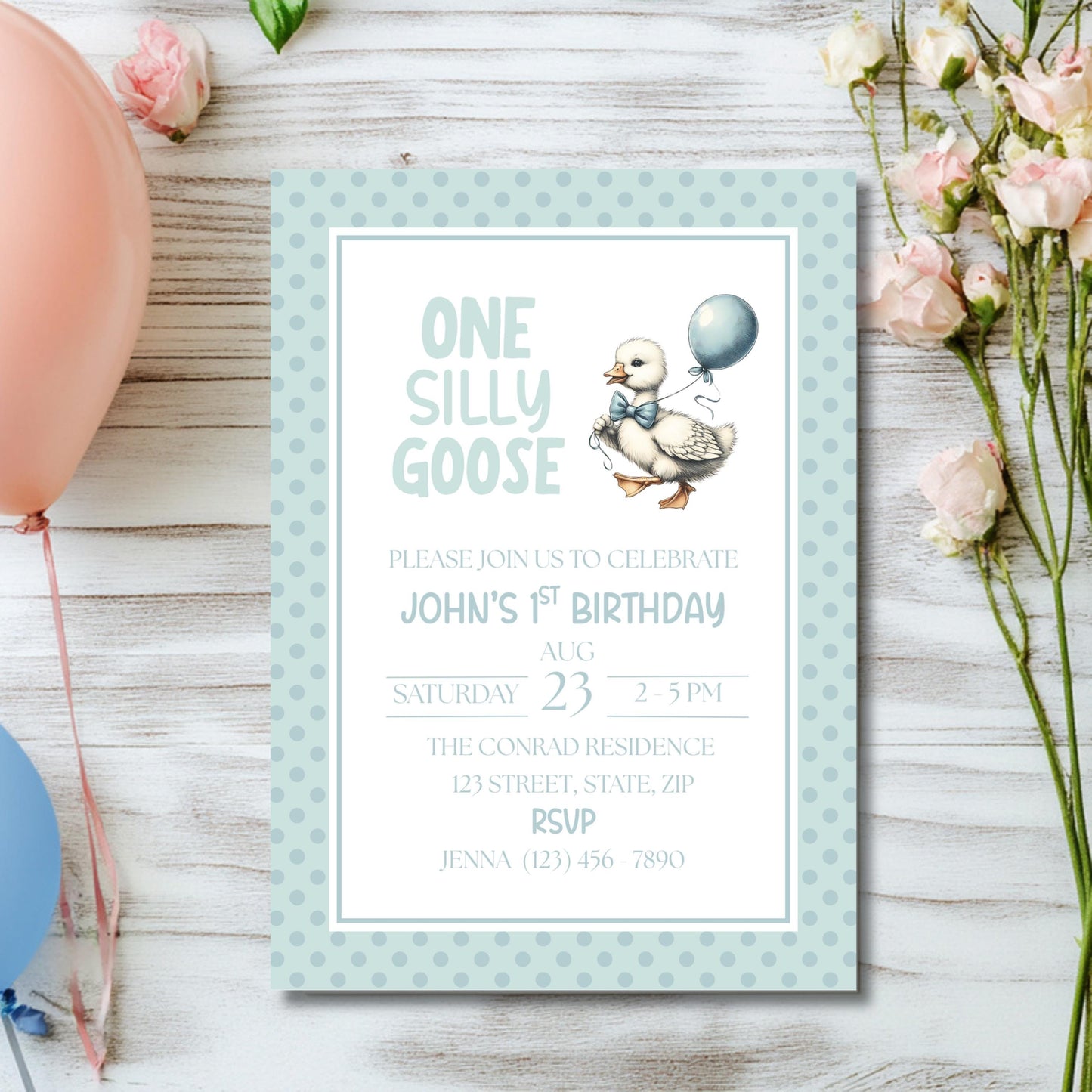 One Silly Goose Birthday Invitation 1st Birthday Party Invite Template Editable Blue Goose Invite Canva Digital Download Printable Invite