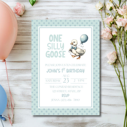 One Silly Goose Birthday Invitation 1st Birthday Party Invite Template Editable Blue Goose Invite Canva Digital Download Printable Invite