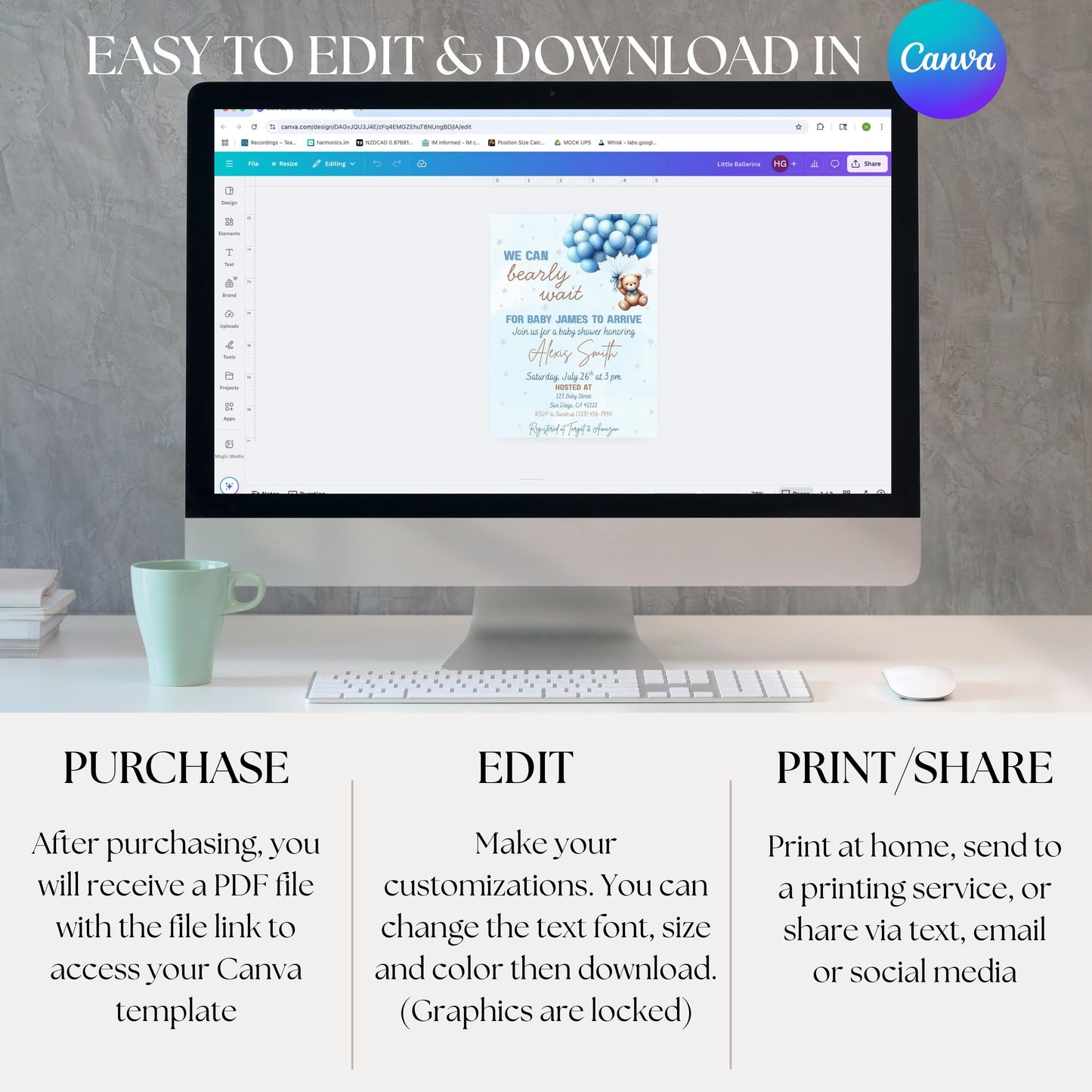 We Can Bearly Wait Baby Shower Invitation Boy Blue Teddy Bear Invite Template  Editable Canva Baby Shower Instant Download Printable Invite