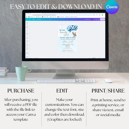 We Can Bearly Wait Baby Shower Invitation Boy Blue Teddy Bear Invite Template  Editable Canva Baby Shower Instant Download Printable Invite