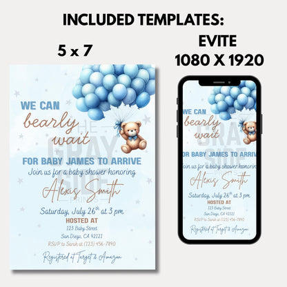 We Can Bearly Wait Baby Shower Invitation Boy Blue Teddy Bear Invite Template  Editable Canva Baby Shower Instant Download Printable Invite