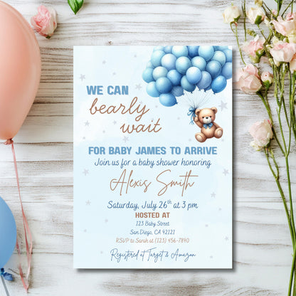 We Can Bearly Wait Baby Shower Invitation Boy Blue Teddy Bear Invite Template  Editable Canva Baby Shower Instant Download Printable Invite