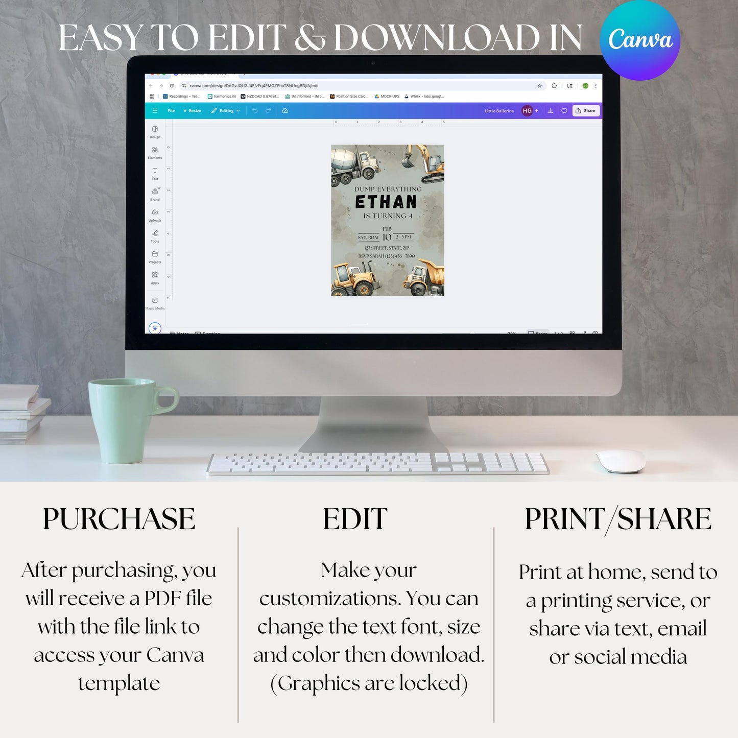 Dump Everything Birthday Invitation Construction Truck Party Invite Editable Template with Dump Trucks & Diggers Instant Download Invitation