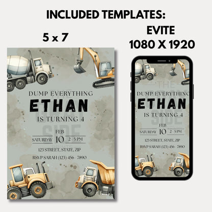 Dump Everything Birthday Invitation Construction Truck Party Invite Editable Template with Dump Trucks & Diggers Instant Download Invitation