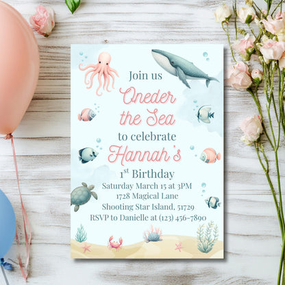Oneder the Sea Birthday Invitation Ocean Birthday Party Invitation  Printable Ocean Animals 1st Birthday Invite Editable Template