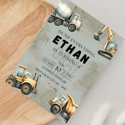 Dump Everything Birthday Invitation Construction Truck Party Invite Editable Template with Dump Trucks & Diggers Instant Download Invitation