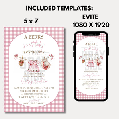 Berry Sweet Baby Shower Invitation Baby Girl Invitation Pink Baby Shower Invite Canva Template Digital Download Invite Girl Baby Shower
