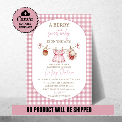 Berry Sweet Baby Shower Invitation Baby Girl Invitation Pink Baby Shower Invite Canva Template Digital Download Invite Girl Baby Shower