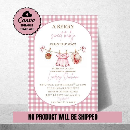 Berry Sweet Baby Shower Invitation Baby Girl Invitation Pink Baby Shower Invite Canva Template Digital Download Invite Girl Baby Shower