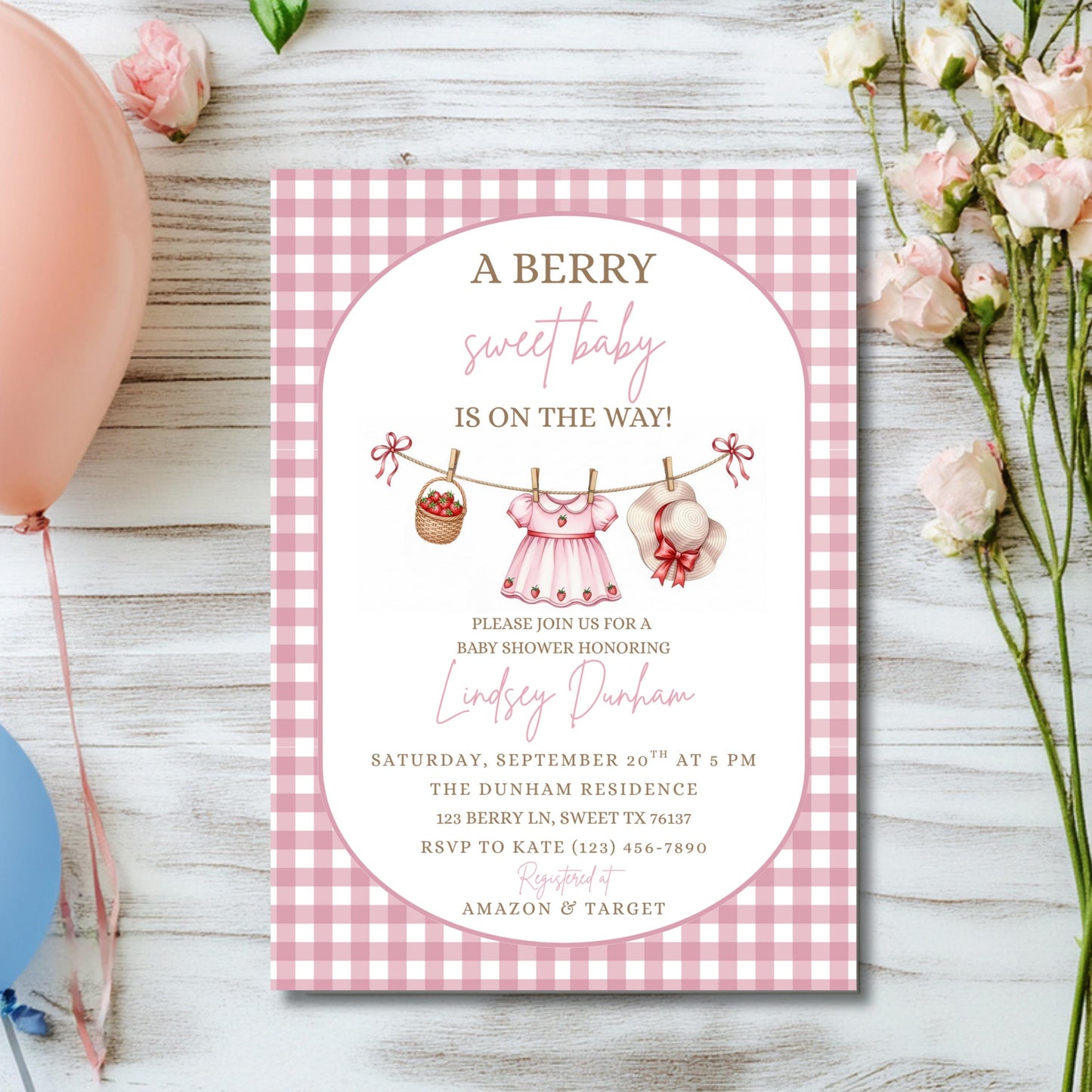 Berry Sweet Baby Shower Invitation Baby Girl Invitation Pink Baby Shower Invite Canva Template Digital Download Invite Girl Baby Shower