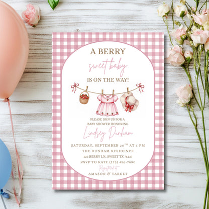 Berry Sweet Baby Shower Invitation Baby Girl Invitation Pink Baby Shower Invite Canva Template Digital Download Invite Girl Baby Shower