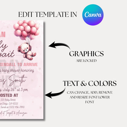 We Can Bearly Wait Baby Shower Invite Girl Pink Baby Shower Invite Template  Editable Canva Baby Invite Instant Download Printable Invite
