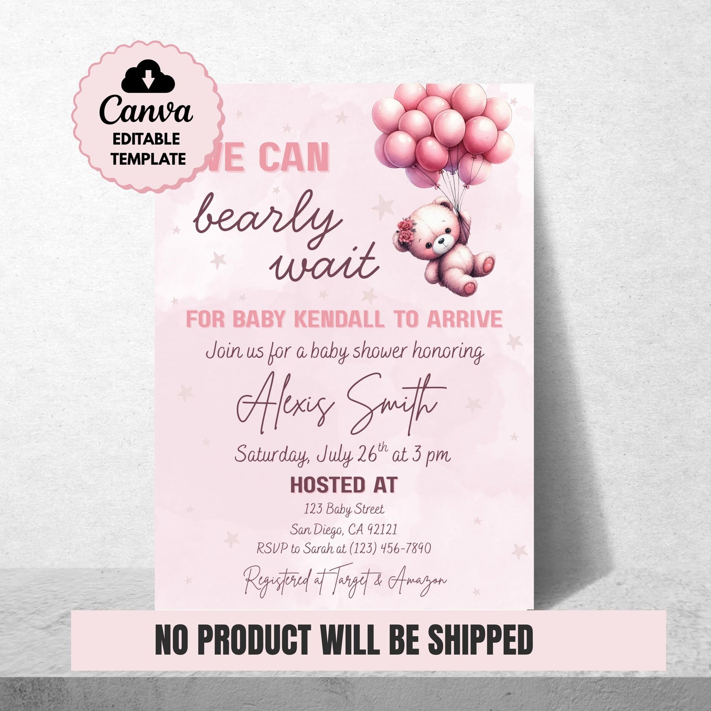 We Can Bearly Wait Baby Shower Invitation Girl Pink Teddy Bear Invite Template  Editable Canva Baby Shower Instant Download Printable Invite