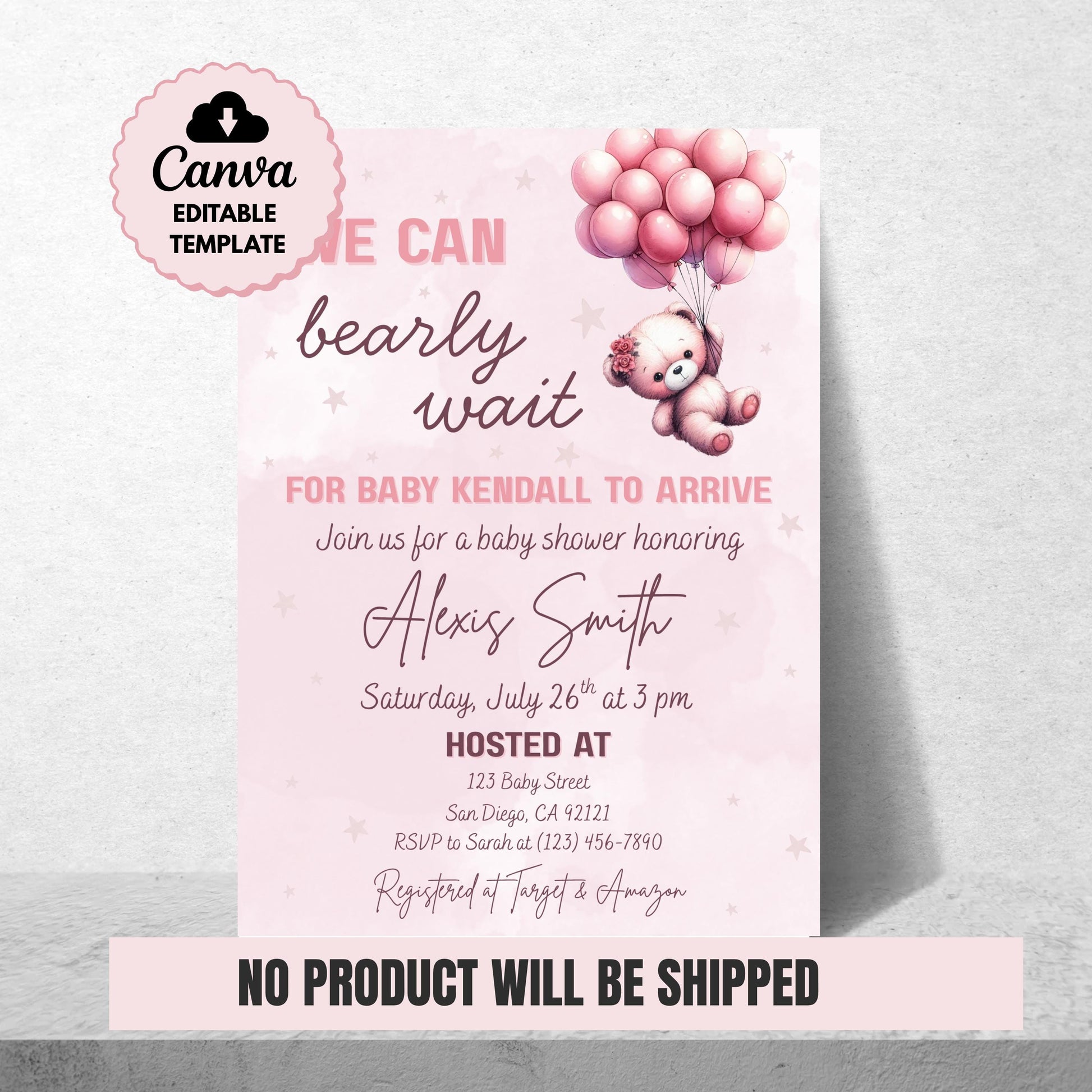 We Can Bearly Wait Baby Shower Invitation Girl Pink Teddy Bear Invite Template  Editable Canva Baby Shower Instant Download Printable Invite