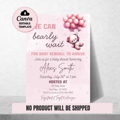 We Can Bearly Wait Baby Shower Invitation Girl Pink Teddy Bear Invite Template  Editable Canva Baby Shower Instant Download Printable Invite