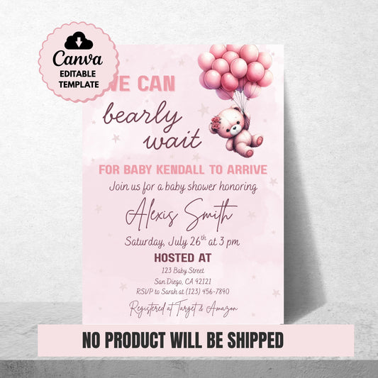 We Can Bearly Wait Baby Shower Invitation Girl Pink Teddy Bear Invite Template  Editable Canva Baby Shower Instant Download Printable Invite