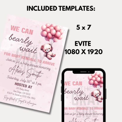 We Can Bearly Wait Baby Shower Invite Girl Pink Baby Shower Invite Template  Editable Canva Baby Invite Instant Download Printable Invite