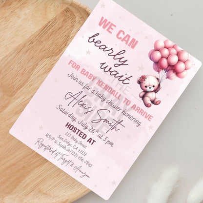 We Can Bearly Wait Baby Shower Invite Girl Pink Baby Shower Invite Template  Editable Canva Baby Invite Instant Download Printable Invite
