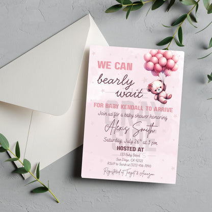 We Can Bearly Wait Baby Shower Invite Girl Pink Baby Shower Invite Template  Editable Canva Baby Invite Instant Download Printable Invite