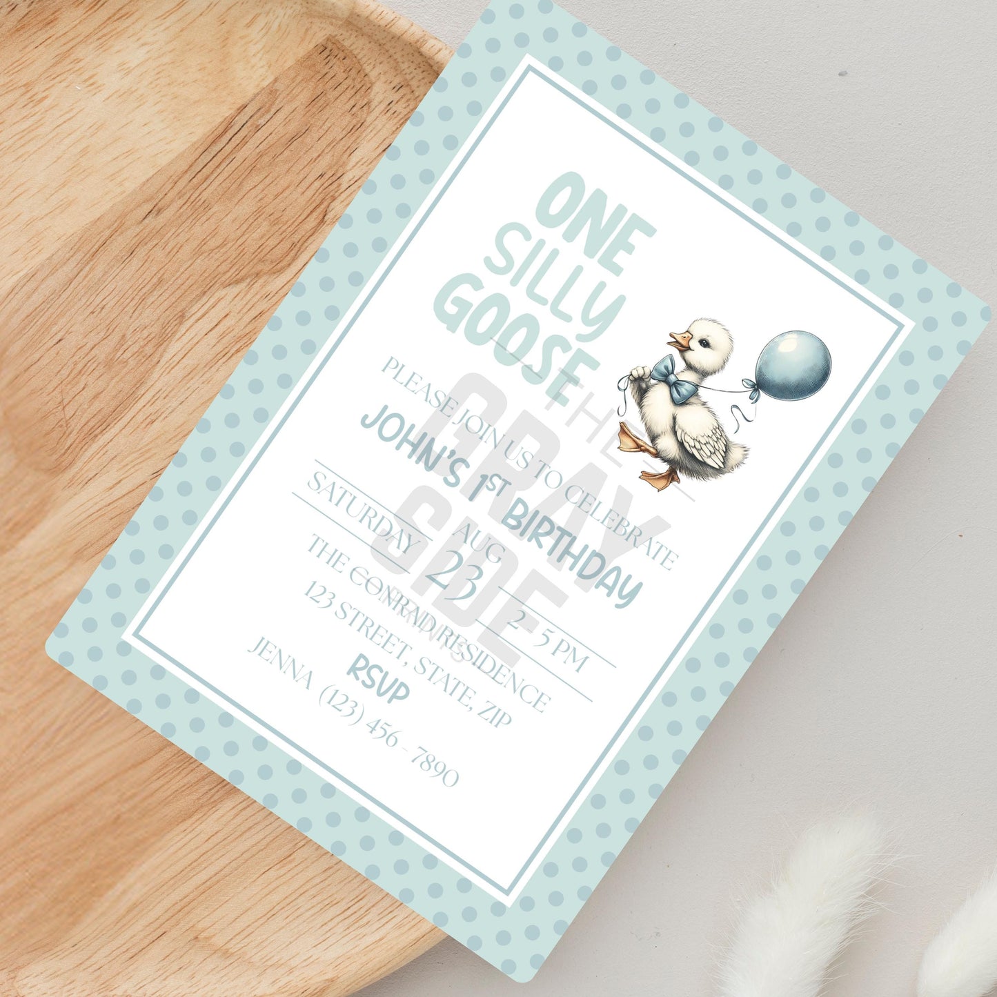One Silly Goose Birthday Invitation 1st Birthday Party Invite Template Editable Blue Goose Invite Canva Digital Download Printable Invite