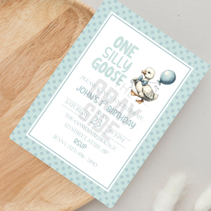 One Silly Goose Birthday Invitation 1st Birthday Party Invite Template Editable Blue Goose Invite Canva Digital Download Printable Invite
