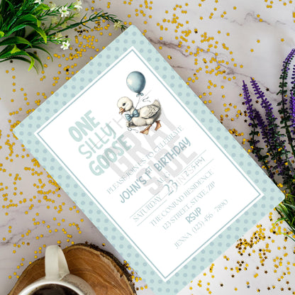 One Silly Goose Birthday Invitation 1st Birthday Party Invite Template Editable Blue Goose Invite Canva Digital Download Printable Invite