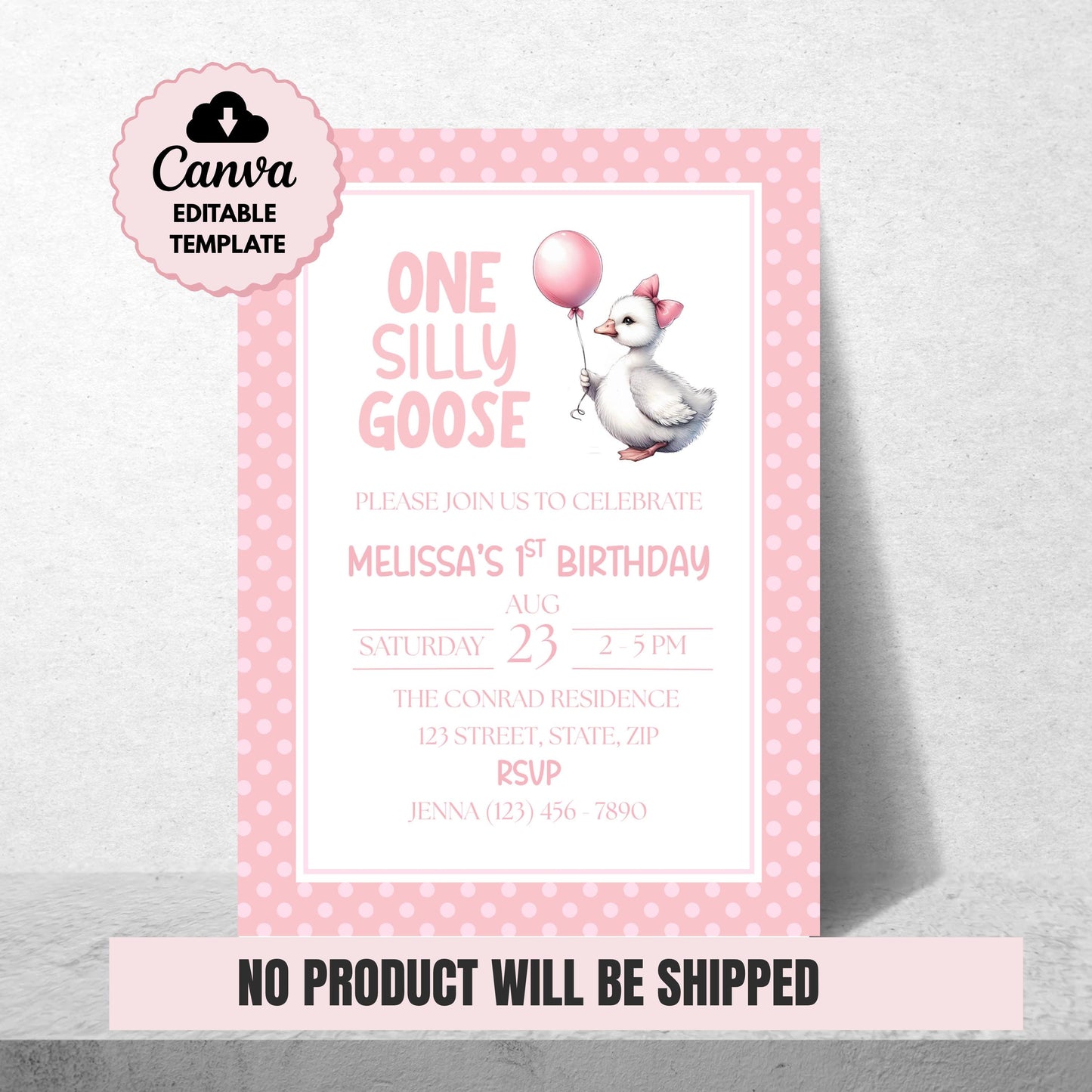 One Silly Goose Birthday Invitation 1st Birthday Party Invite Template  Editable Pink Goose Invite Canva Digital Download Printable Invite