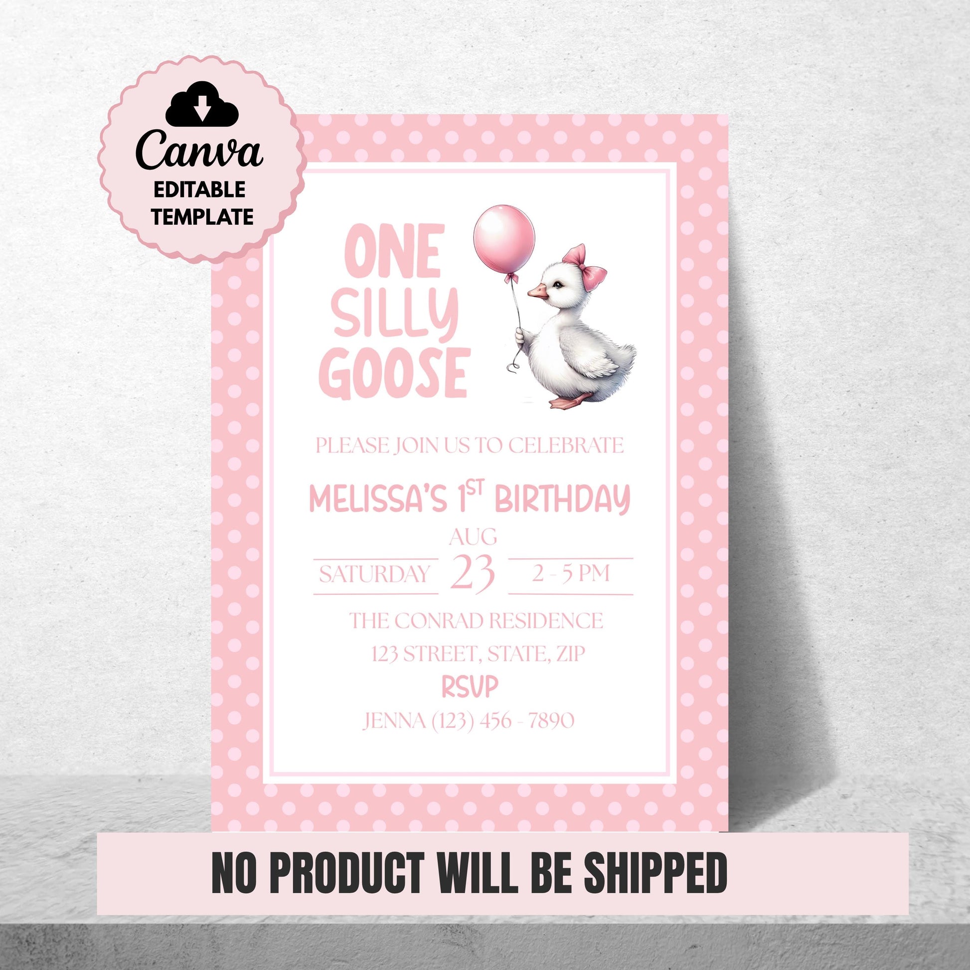 One Silly Goose Birthday Invitation 1st Birthday Party Invite Template  Editable Pink Goose Invite Canva Digital Download Printable Invite