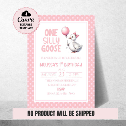 One Silly Goose Birthday Invitation 1st Birthday Party Invite Template  Editable Pink Goose Invite Canva Digital Download Printable Invite