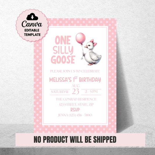 One Silly Goose Birthday Invitation 1st Birthday Party Invite Template  Editable Pink Goose Invite Canva Digital Download Printable Invite