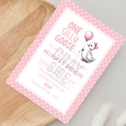 One Silly Goose Birthday Invitation 1st Birthday Party Invite Template  Editable Pink Goose Invite Canva Digital Download Printable Invite