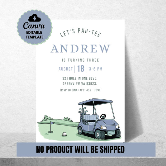Let’s Par-Tee Birthday Invitation Boy Birthday Invite Golf Birthday Party Blue Invitation Canva Template Editable Invitation Boys Invite