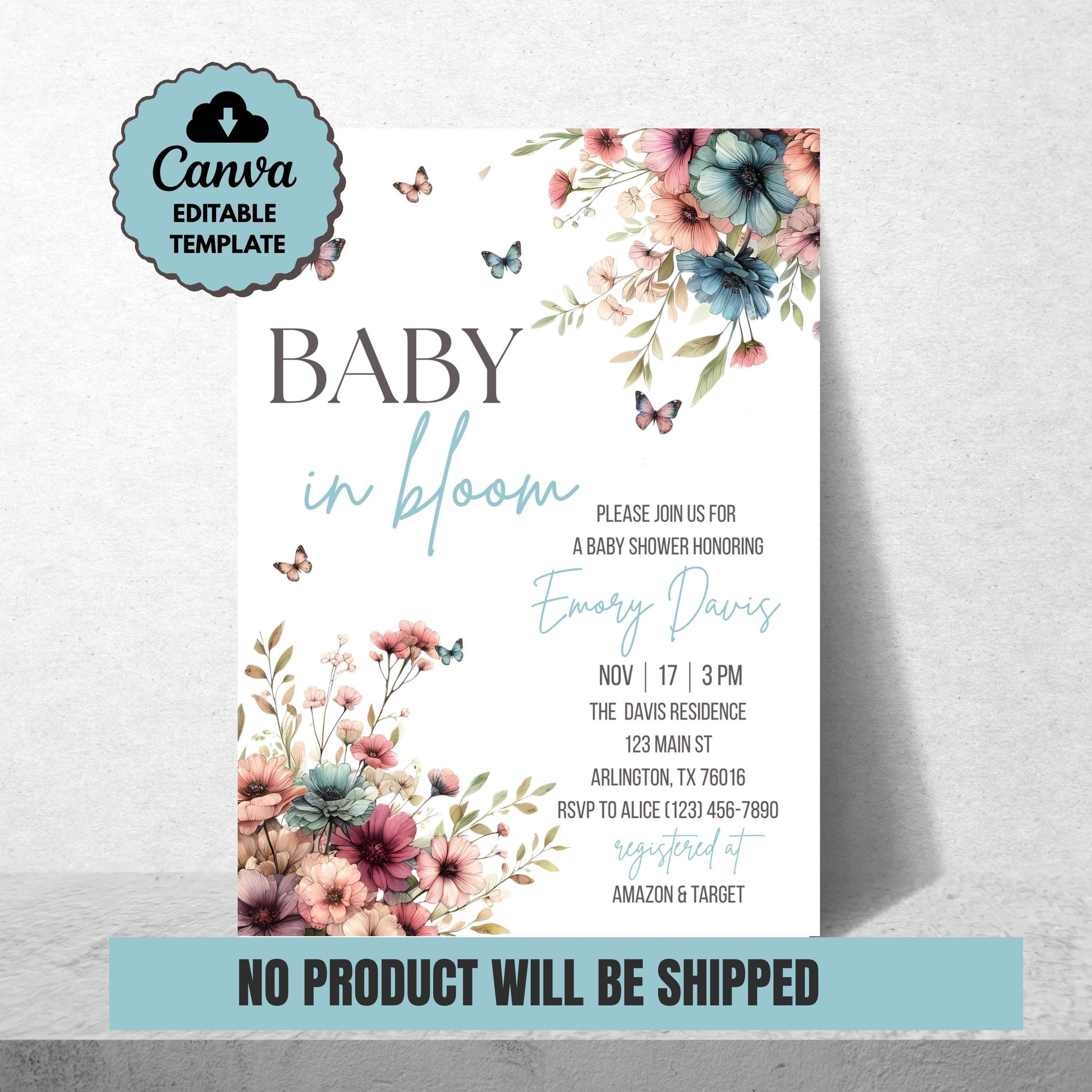 Baby in Bloom Baby Shower Invitation Floral Baby Shower Invite Blue Baby Shower Invite Canva Template Printable Invitation