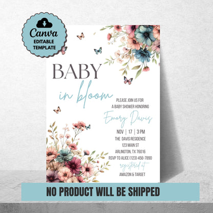 Baby in Bloom Baby Shower Invitation Floral Baby Shower Invite Blue Baby Shower Invite Canva Template Printable Invitation