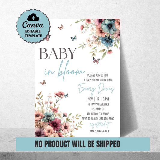 Baby in Bloom Baby Shower Invitation Floral Baby Shower Invite Blue Baby Shower Invite Canva Template Printable Invitation