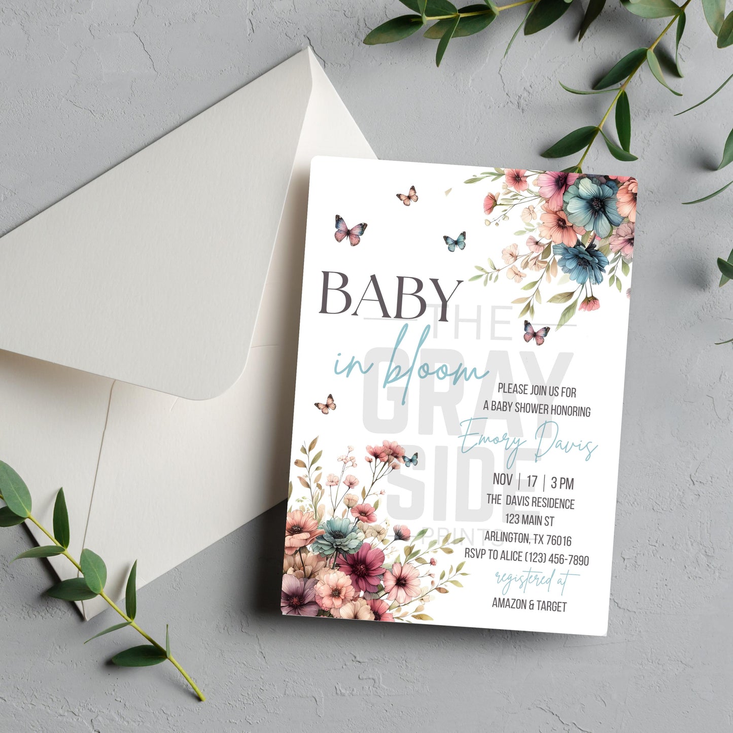 Baby in Bloom Baby Shower Invitation Floral Baby Shower Invite Blue Baby Shower Invite Canva Template Printable Invitation  Gender Neutral