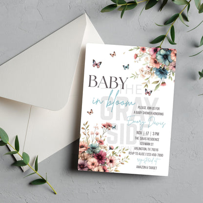 Baby in Bloom Baby Shower Invitation Floral Baby Shower Invite Blue Baby Shower Invite Canva Template Printable Invitation  Gender Neutral